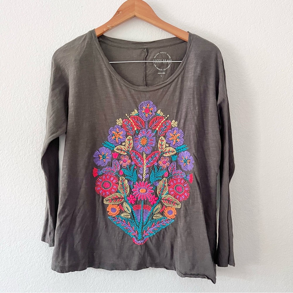 Lucky Brand Boho Colorful Embroidered Top Sz L - Picture 2 of 5